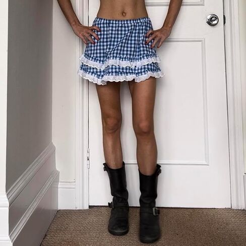 Women Men Sissy Ruffle Mini Skirt Pleated Lace Plaid A Line Short Skirt Halloween Costume Gingham Cosplay Lingerie in Kuwait