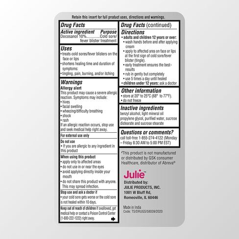 Julie Cold Sore Treatment | Pain Relief Cream | Fever Blister Treatment | Single Tube | Docosanol 10% Cream (0.07oz) in Kuwait