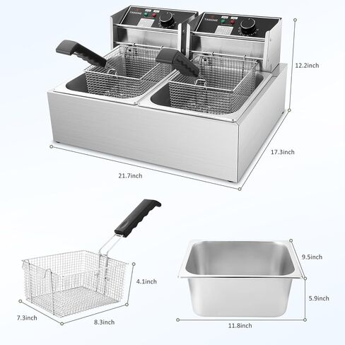 Commercial Deep Fryer, 3400W Electric Deep Fryers with 2x6.35QT Baskets | 0.8mm Thickened Stainless Steel Countertop Oil Fryer 20.7QT Large Capacity with Lids Temperature Controller (12L) in Kuwait