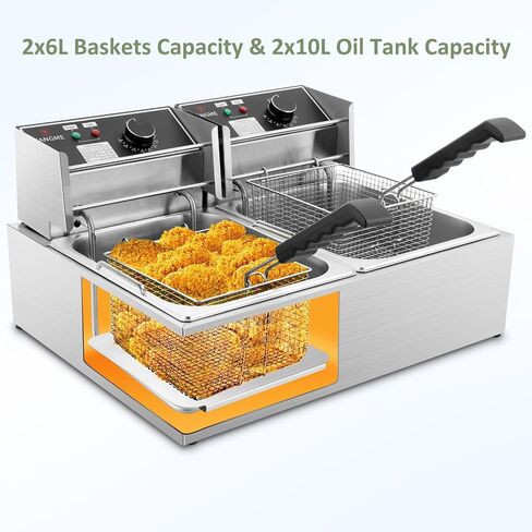 Commercial Deep Fryer, 3400W Electric Deep Fryers with 2x6.35QT Baskets | 0.8mm Thickened Stainless Steel Countertop Oil Fryer 20.7QT Large Capacity with Lids Temperature Controller (12L) in Kuwait