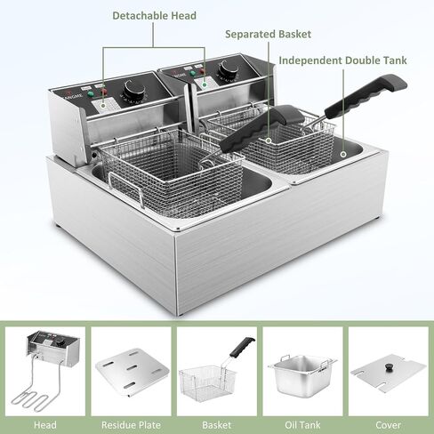 Commercial Deep Fryer, 3400W Electric Deep Fryers with 2x6.35QT Baskets | 0.8mm Thickened Stainless Steel Countertop Oil Fryer 20.7QT Large Capacity with Lids Temperature Controller (12L) in Kuwait
