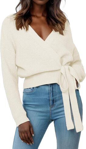 Women's Casual V Neck Wrap Sweater Pullovers Lightweight Ribbed Drop Shoulder Knitted Tops in Kuwait