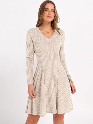 ANRABESS Women Long Sleeve Ribbed Knit Short Dresses 2025 Fall Winter V Neck Casual Swing A Line Sweater Dress in Saudi Arabia