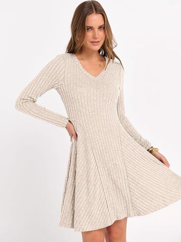ANRABESS Women Long Sleeve Ribbed Knit Short Dresses 2025 Fall Winter V Neck Casual Swing A Line Sweater Dress in Saudi Arabia