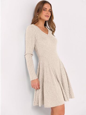 ANRABESS Women Long Sleeve Ribbed Knit Short Dresses 2025 Fall Winter V Neck Casual Swing A Line Sweater Dress in Saudi Arabia