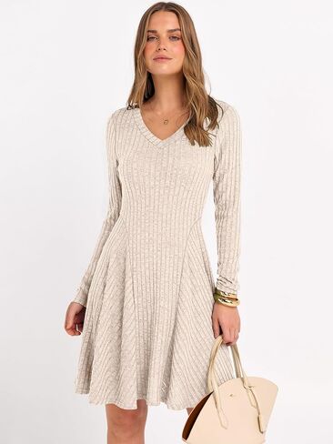 ANRABESS Women Long Sleeve Ribbed Knit Short Dresses 2025 Fall Winter V Neck Casual Swing A Line Sweater Dress in Saudi Arabia