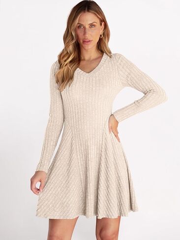ANRABESS Women Long Sleeve Ribbed Knit Short Dresses 2025 Fall Winter V Neck Casual Swing A Line Sweater Dress in Saudi Arabia