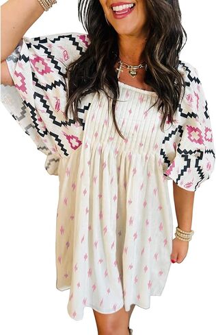 SELINK Womens Summer Short Sleeve Square Neck Western Aztec Mini Dress Flowy Pleated A-Line Casual Dresses in Saudi Arabia