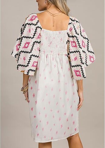 SELINK Womens Summer Short Sleeve Square Neck Western Aztec Mini Dress Flowy Pleated A-Line Casual Dresses in Saudi Arabia