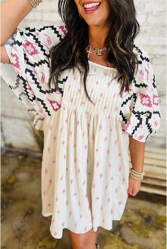 SELINK Womens Summer Short Sleeve Square Neck Western Aztec Mini Dress Flowy Pleated A-Line Casual Dresses in Saudi Arabia