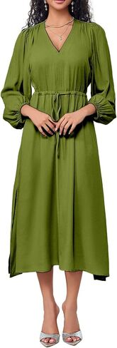 Women’s V Neck Casual Tie Waist Flowy Long Dress with Pockets in Saudi Arabia
