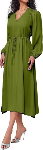 Women’s V Neck Casual Tie Waist Flowy Long Dress with Pockets in Saudi Arabia