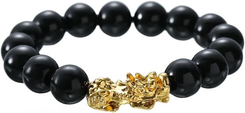 Feng Shui Pixiu Wealth and Luck Bracelet Black Obsidian Pixiu Bracelet Gold Dragon Lucky Charm Bracelets Prosperity Buddha Beams Elastic Bracelets for Men and Women in Saudi Arabia