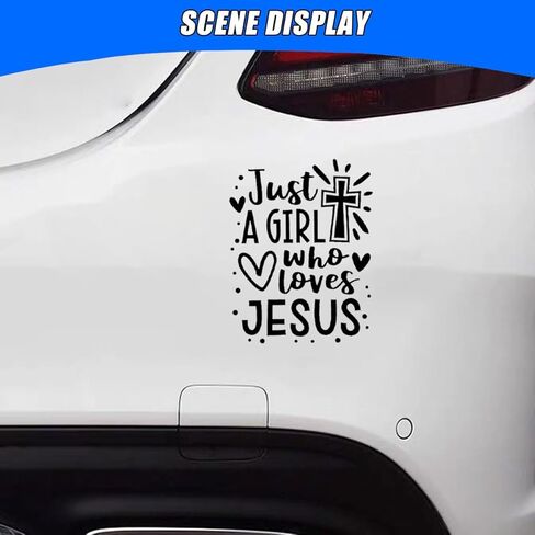 Just A Girl Who Loves Jesus Decal Car Sticker, 6.1"×4.6" Jesus Cross Vinyl Sticker Car Bumper Decal, Waterproof Auto Exterior Decoration Decals for Cars, Truck, Wall, Window, Laptop (White) in Kuwait