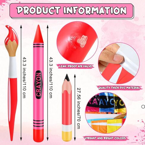 12 Pcs Inflatable Crayons Balloons Decoration Set Giant Large Crayons Pencils Paint Brush Hanging Inflatable Decor for Garden Room Birthday Back to School Party Decorations,12 Designs in Kuwait
