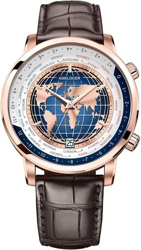 AGELOCER Men's Blue World Time Automatic Mechanical Calendar Fashion Luxury Stainless Steel Dress Watch Leather Band in Kuwait