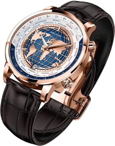 AGELOCER Men's Blue World Time Automatic Mechanical Calendar Fashion Luxury Stainless Steel Dress Watch Leather Band in Kuwait