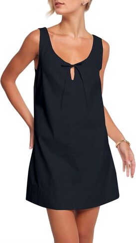 OLAPTA Women Sleeveless Summer Mini Tank Dress Tie Up Loose Fit Sundress Scoop Neck Casual Trendy Short Dresses with Pockets in Saudi Arabia