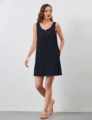 OLAPTA Women Sleeveless Summer Mini Tank Dress Tie Up Loose Fit Sundress Scoop Neck Casual Trendy Short Dresses with Pockets in Saudi Arabia