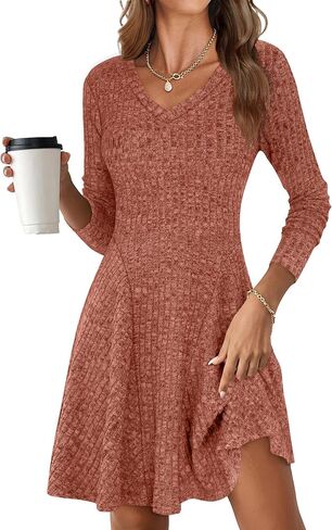 ANRABESS Women Long Sleeve Ribbed Knit Short Dresses 2025 Fall Winter V Neck Casual Swing A Line Sweater Dress in Saudi Arabia