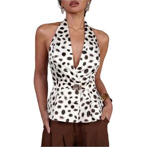MakeMeChic Women's Polka Dots Halter Tops Deep V Neck Metal Decor Backless Ruffle Vest in Kuwait