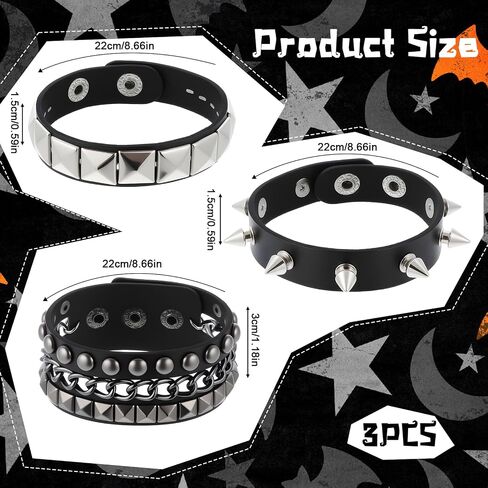 3 Piece Punk Rock Studded Bracelets Black Spiked Leather Cuff Bracelet for Men Women Adjustable Goth Bracelets 80s Retro Style Wristband Halloween Party Accessories in Saudi Arabia