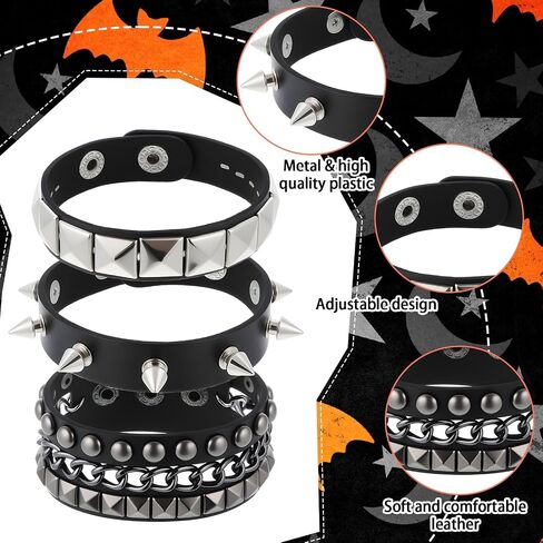 3 Piece Punk Rock Studded Bracelets Black Spiked Leather Cuff Bracelet for Men Women Adjustable Goth Bracelets 80s Retro Style Wristband Halloween Party Accessories in Saudi Arabia