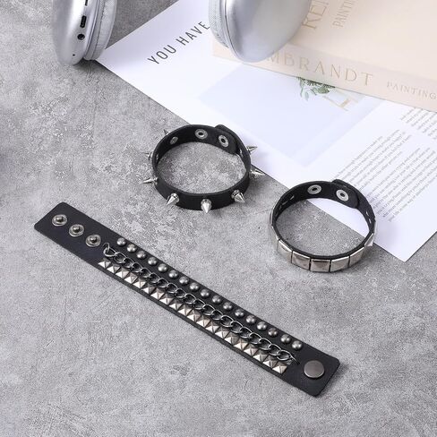 3 Piece Punk Rock Studded Bracelets Black Spiked Leather Cuff Bracelet for Men Women Adjustable Goth Bracelets 80s Retro Style Wristband Halloween Party Accessories in Saudi Arabia