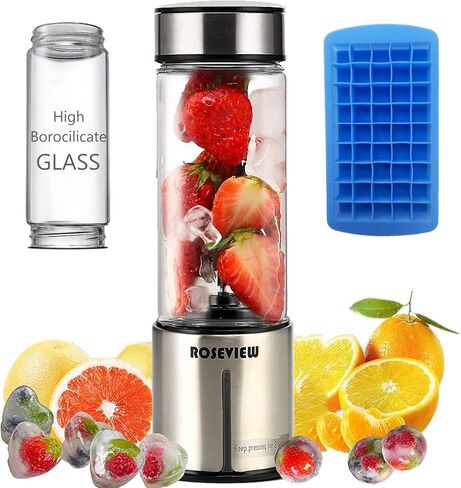 Portable Smoothie blender ROSEVIEW Glass bottle USB rechargeable mini Handheld Ice Shakes Cup 2 speed blend juicer Cordless Personal smoothies maker Fruit mixer (Metallic) in Kuwait