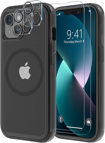 Diverbox for iPhone 13 Case [Shockproof] [Dropproof] [Tempered Glass Screen Protector + Camera Lens Protector],Heavy Duty Protection Phone Case Cover for Apple iPhone 13 (Black) in Kuwait