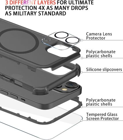 Diverbox for iPhone 13 Case [Shockproof] [Dropproof] [Tempered Glass Screen Protector + Camera Lens Protector],Heavy Duty Protection Phone Case Cover for Apple iPhone 13 (Black) in Kuwait