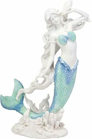Ebros Gift Large Nautical Capiz Blue Tailed Mermaid Ariel by White Coral Rocks Statue Ocean Aquamarine Princess As Coastal Beach Under The Sea Decorative Accent (Listening to A Conch) in Saudi Arabia