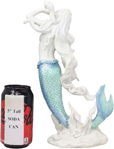 Ebros Gift Large Nautical Capiz Blue Tailed Mermaid Ariel by White Coral Rocks Statue Ocean Aquamarine Princess As Coastal Beach Under The Sea Decorative Accent (Listening to A Conch) in Saudi Arabia