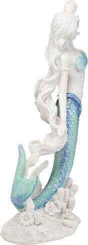 Ebros Gift Large Nautical Capiz Blue Tailed Mermaid Ariel by White Coral Rocks Statue Ocean Aquamarine Princess As Coastal Beach Under The Sea Decorative Accent (Listening to A Conch) in Saudi Arabia