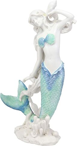 Ebros Gift Large Nautical Capiz Blue Tailed Mermaid Ariel by White Coral Rocks Statue Ocean Aquamarine Princess As Coastal Beach Under The Sea Decorative Accent (Listening to A Conch) in Saudi Arabia