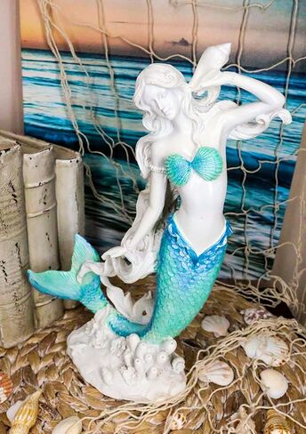 Ebros Gift Large Nautical Capiz Blue Tailed Mermaid Ariel by White Coral Rocks Statue Ocean Aquamarine Princess As Coastal Beach Under The Sea Decorative Accent (Listening to A Conch) in Saudi Arabia