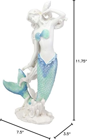 Ebros Gift Large Nautical Capiz Blue Tailed Mermaid Ariel by White Coral Rocks Statue Ocean Aquamarine Princess As Coastal Beach Under The Sea Decorative Accent (Listening to A Conch) in Saudi Arabia