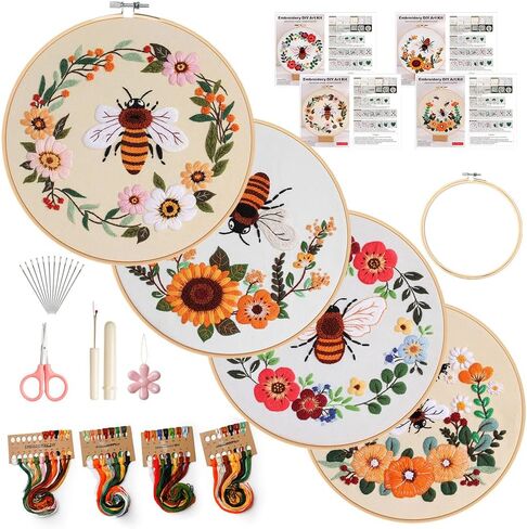 Embroidery Kit for Adults with Embroidery Hoops, Threads, 4 Sets Cross Stitch Kits for Hand Craft Lover, Stamped Pattern Kits for Beginners with Instructions in Kuwait