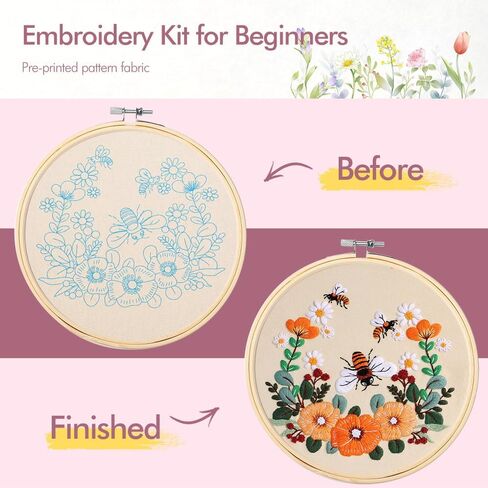 Embroidery Kit for Adults with Embroidery Hoops, Threads, 4 Sets Cross Stitch Kits for Hand Craft Lover, Stamped Pattern Kits for Beginners with Instructions in Kuwait