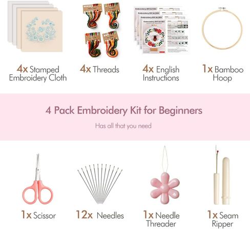 Embroidery Kit for Adults with Embroidery Hoops, Threads, 4 Sets Cross Stitch Kits for Hand Craft Lover, Stamped Pattern Kits for Beginners with Instructions in Kuwait
