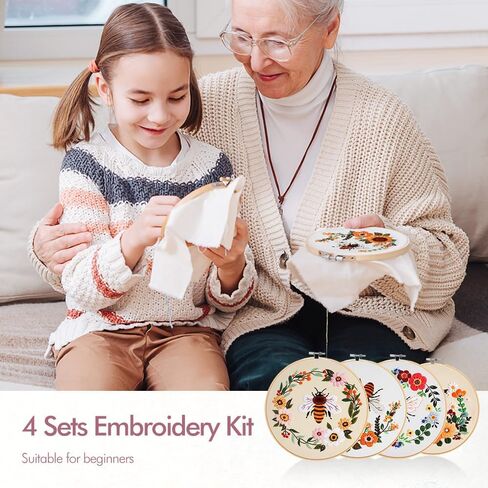 Embroidery Kit for Adults with Embroidery Hoops, Threads, 4 Sets Cross Stitch Kits for Hand Craft Lover, Stamped Pattern Kits for Beginners with Instructions in Kuwait