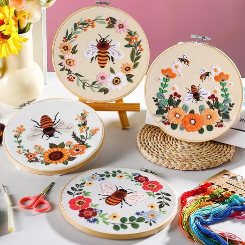 Embroidery Kit for Adults with Embroidery Hoops, Threads, 4 Sets Cross Stitch Kits for Hand Craft Lover, Stamped Pattern Kits for Beginners with Instructions in Kuwait