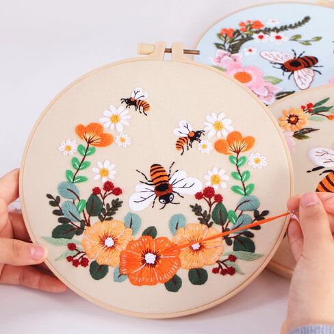 Embroidery Kit for Adults with Embroidery Hoops, Threads, 4 Sets Cross Stitch Kits for Hand Craft Lover, Stamped Pattern Kits for Beginners with Instructions in Kuwait