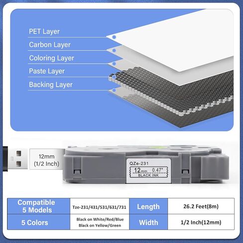شريط Label 5x متوافق مع Brother Tze-231 Tze 12 مم 0.47 شريط تسمية Tze أبيض مغلفة لـ P-Touch PT-H100R PT-H105 PT-H100LB PT320 in Kuwait