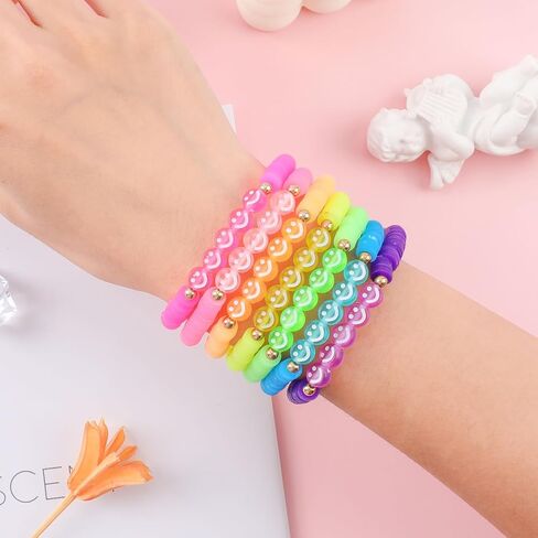Candy Color Heishi Surfer Bracelets Set for Women Stackable Clay Beaded Bracelets Disc Stretch Smiley Face Preppy Bracelets Colorful Friendship Bracelets Cheer Bulk Boho Summer Beach Jewelry Gift in Kuwait