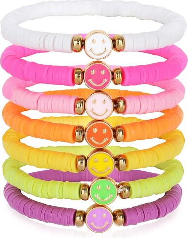 Candy Color Heishi Surfer Bracelets Set for Women Stackable Clay Beaded Bracelets Disc Stretch Smiley Face Preppy Bracelets Colorful Friendship Bracelets Cheer Bulk Boho Summer Beach Jewelry Gift in Kuwait