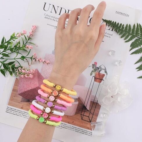 Candy Color Heishi Surfer Bracelets Set for Women Stackable Clay Beaded Bracelets Disc Stretch Smiley Face Preppy Bracelets Colorful Friendship Bracelets Cheer Bulk Boho Summer Beach Jewelry Gift in Kuwait