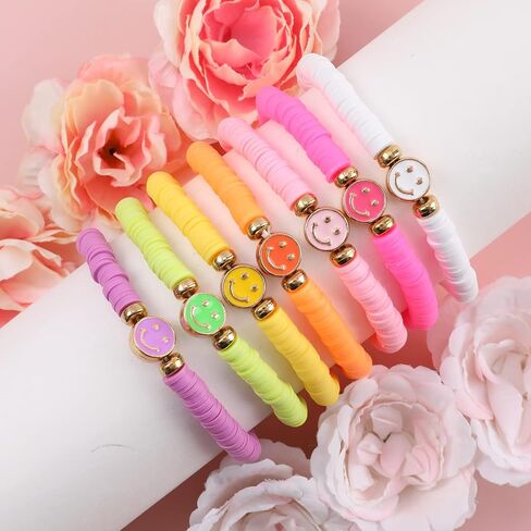 Candy Color Heishi Surfer Bracelets Set for Women Stackable Clay Beaded Bracelets Disc Stretch Smiley Face Preppy Bracelets Colorful Friendship Bracelets Cheer Bulk Boho Summer Beach Jewelry Gift in Kuwait