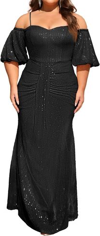 Women's Plus Size Off The Shoulder Puff Sleeve Dress Sequin Formal Maxi Evening Cocktail Party Gowns in Saudi Arabia