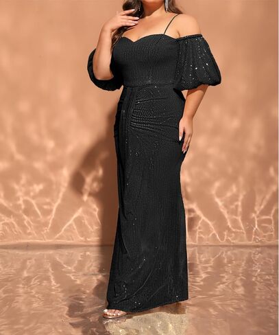 Women's Plus Size Off The Shoulder Puff Sleeve Dress Sequin Formal Maxi Evening Cocktail Party Gowns in Kuwait